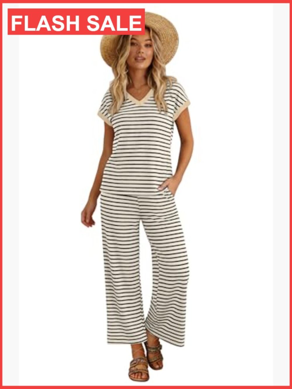 Lightweight Lounge Set, V-Neck Top & Wide Leg Pants, Size Large, Travel Outfit - Picture 3 of 7